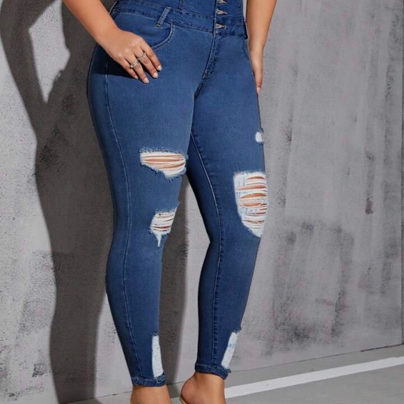 Plus High-Waisted Ripped Distressed Blue Jeans - Picture 2 of 3